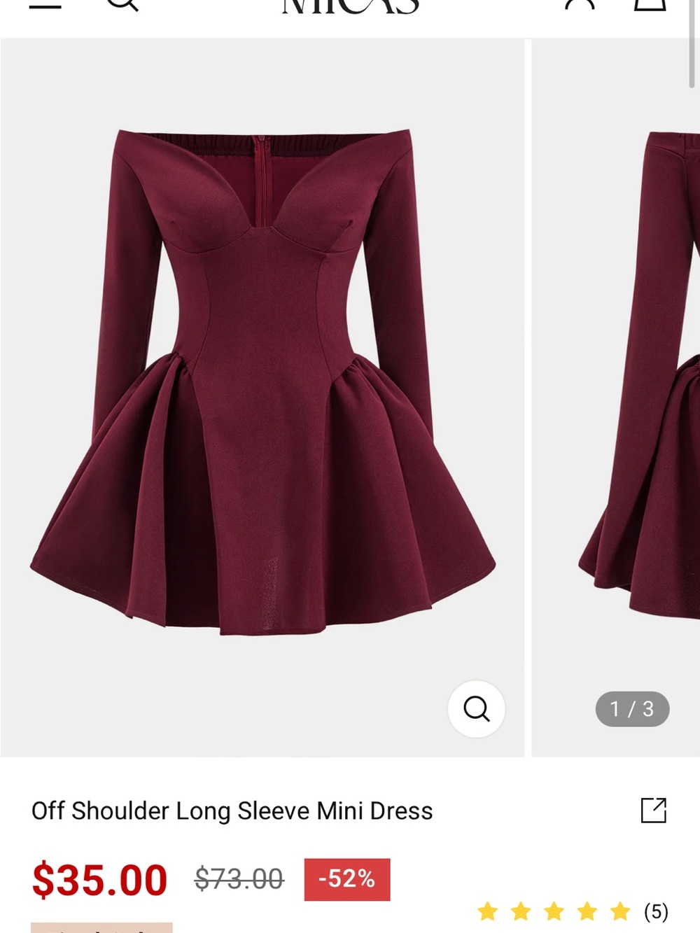 Off-Shoulder Long Sleeve Mini Dress in Wine Red